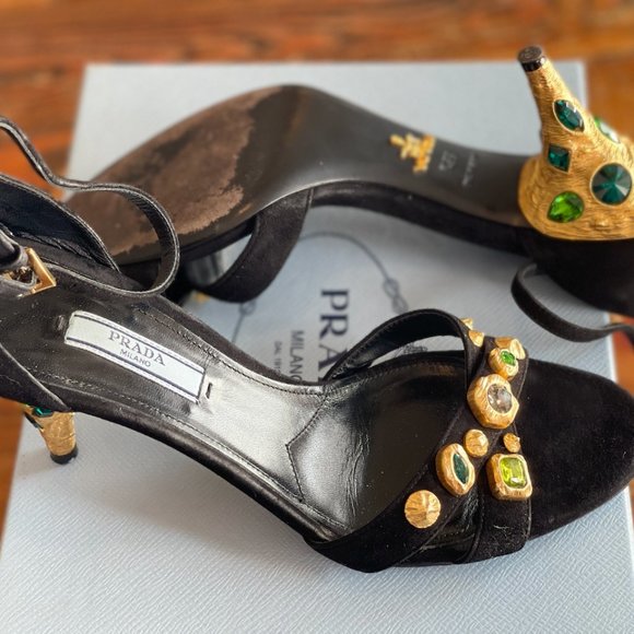 PRADA Black Suede Ankle Strap Sandals Metal Sculptural Gold Heel with Emeralds - Picture 9 of 16
